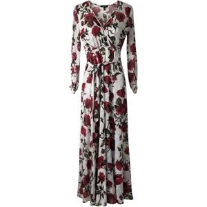 The Moon Red Rose Floral Print Striped Chiffon Wrap Maxi‎ Dress Long Slv  Medium